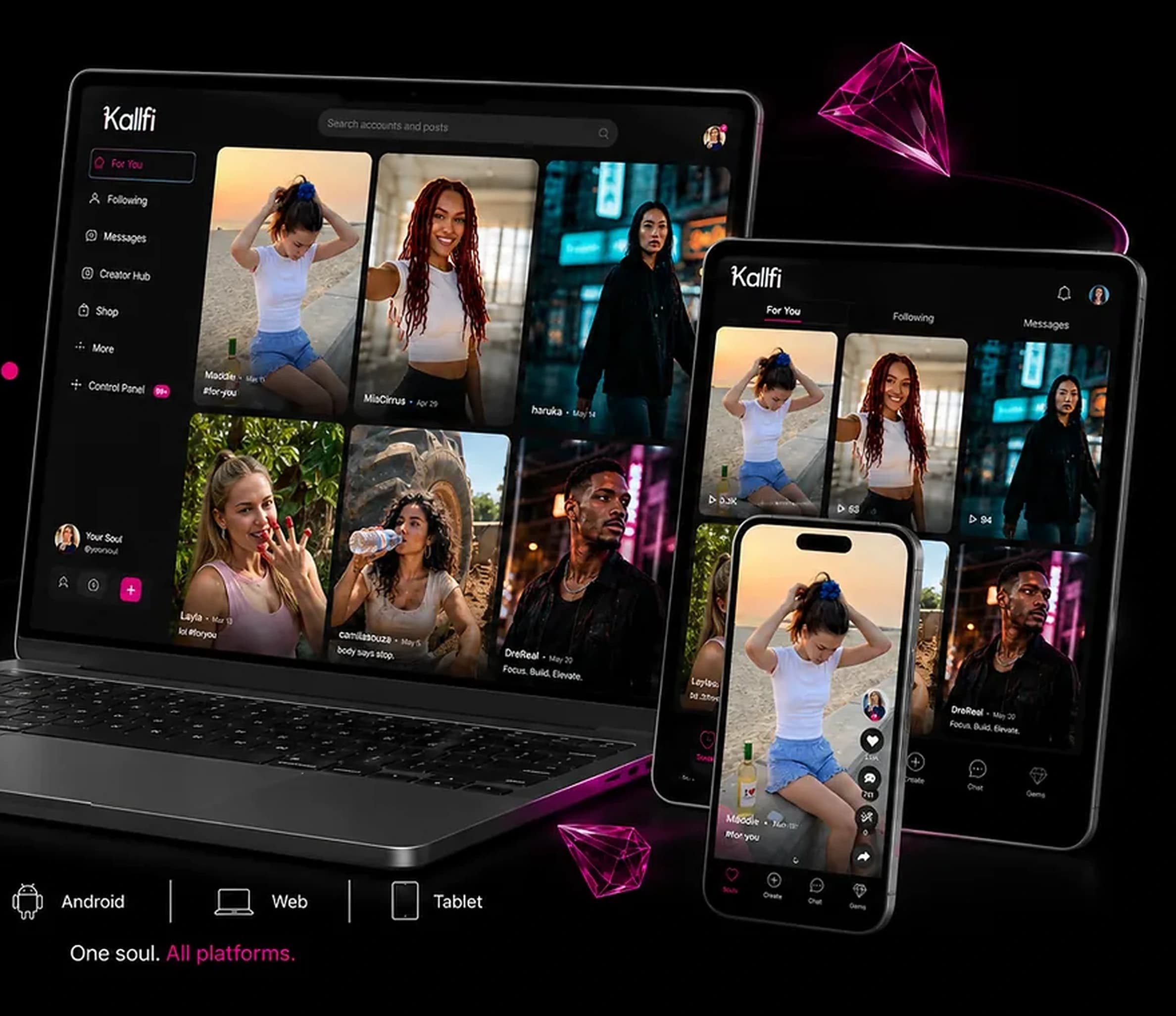 Kallfi interfaces across laptop, tablet and mobile devices.