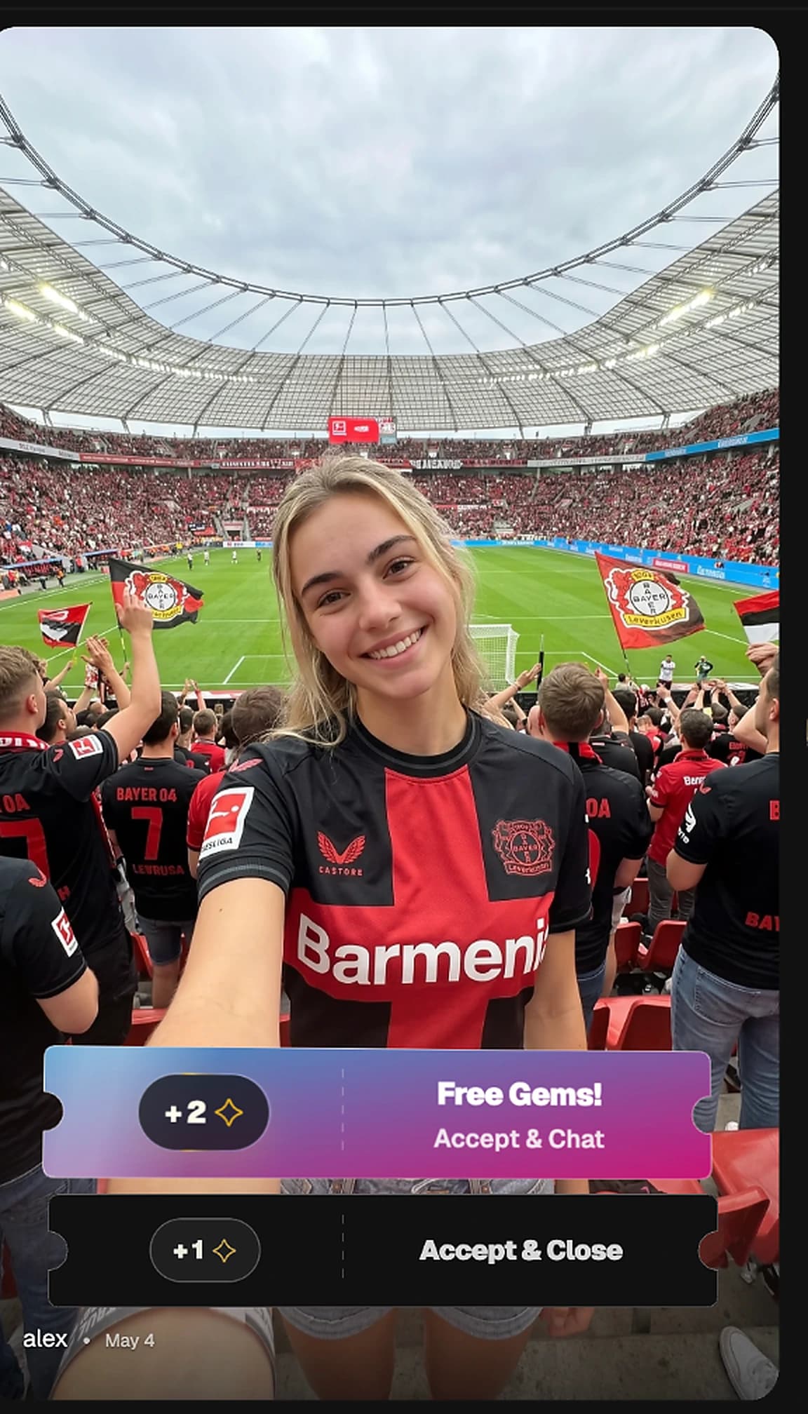A Kallfi Soul at a football stadium receiving an interactive Gem prompt.